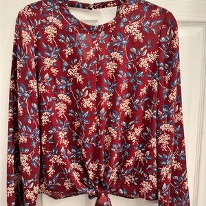Madewell Floral Long Sleeve Tie-Front Top Red Navy Medium